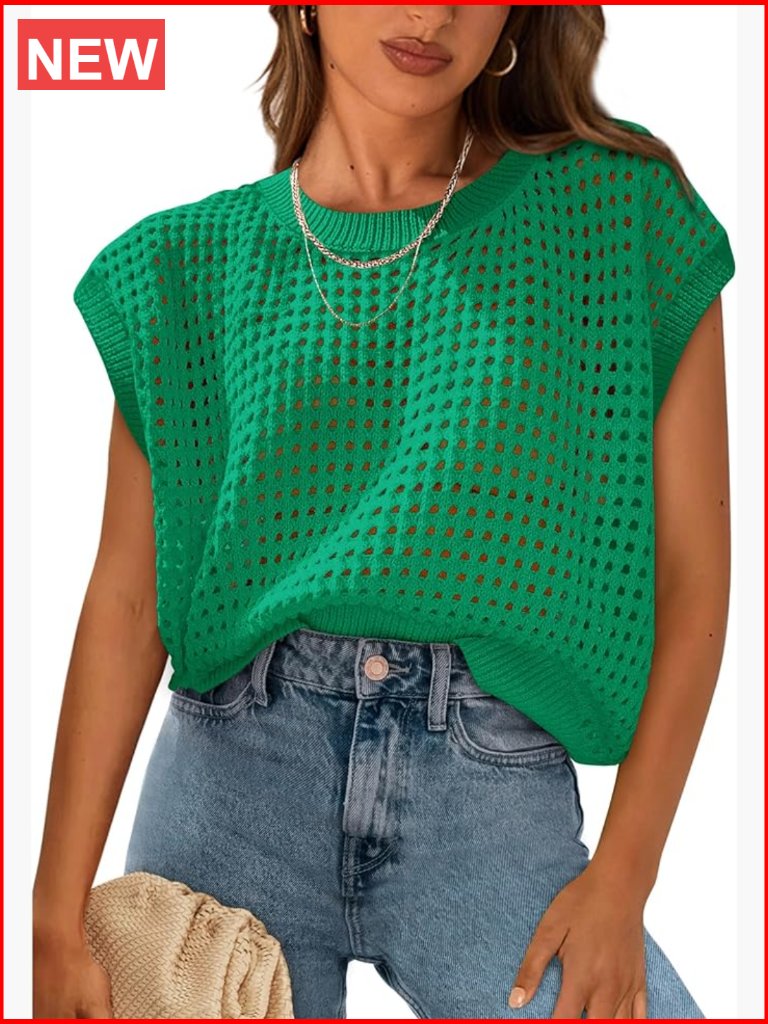 Crochet Cap Sleeve Sweater Pullover Hollow Out Crew Neck Loose Fit Beach